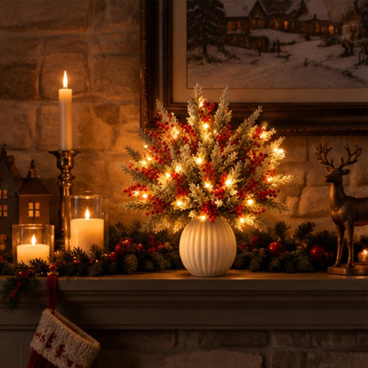Christmas Pine Branches & Berry Bouquet - DIY Artificial Flowers Decor With LED Light String - image 1