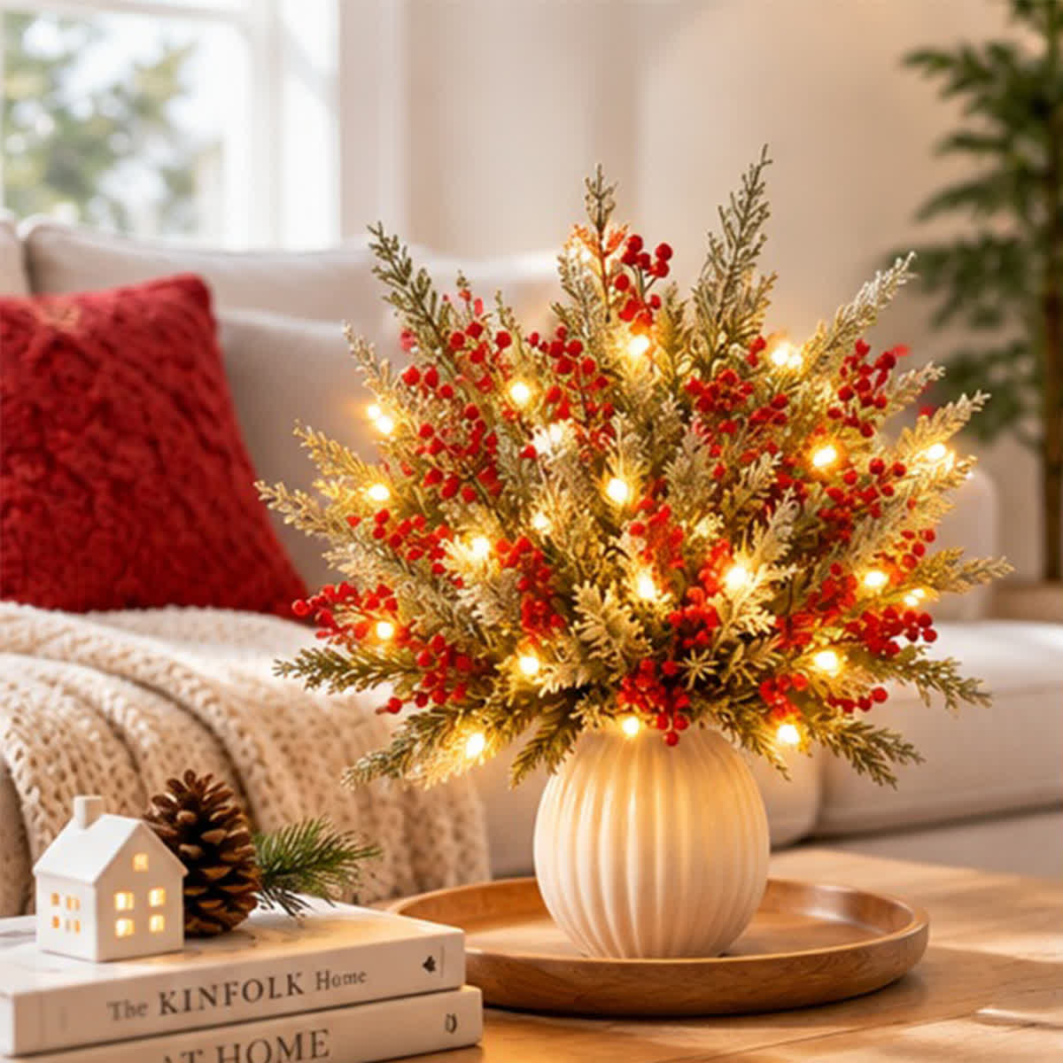 Christmas Pine Branches & Berry Bouquet - DIY Artificial Flowers Decor With LED Light String - image 6