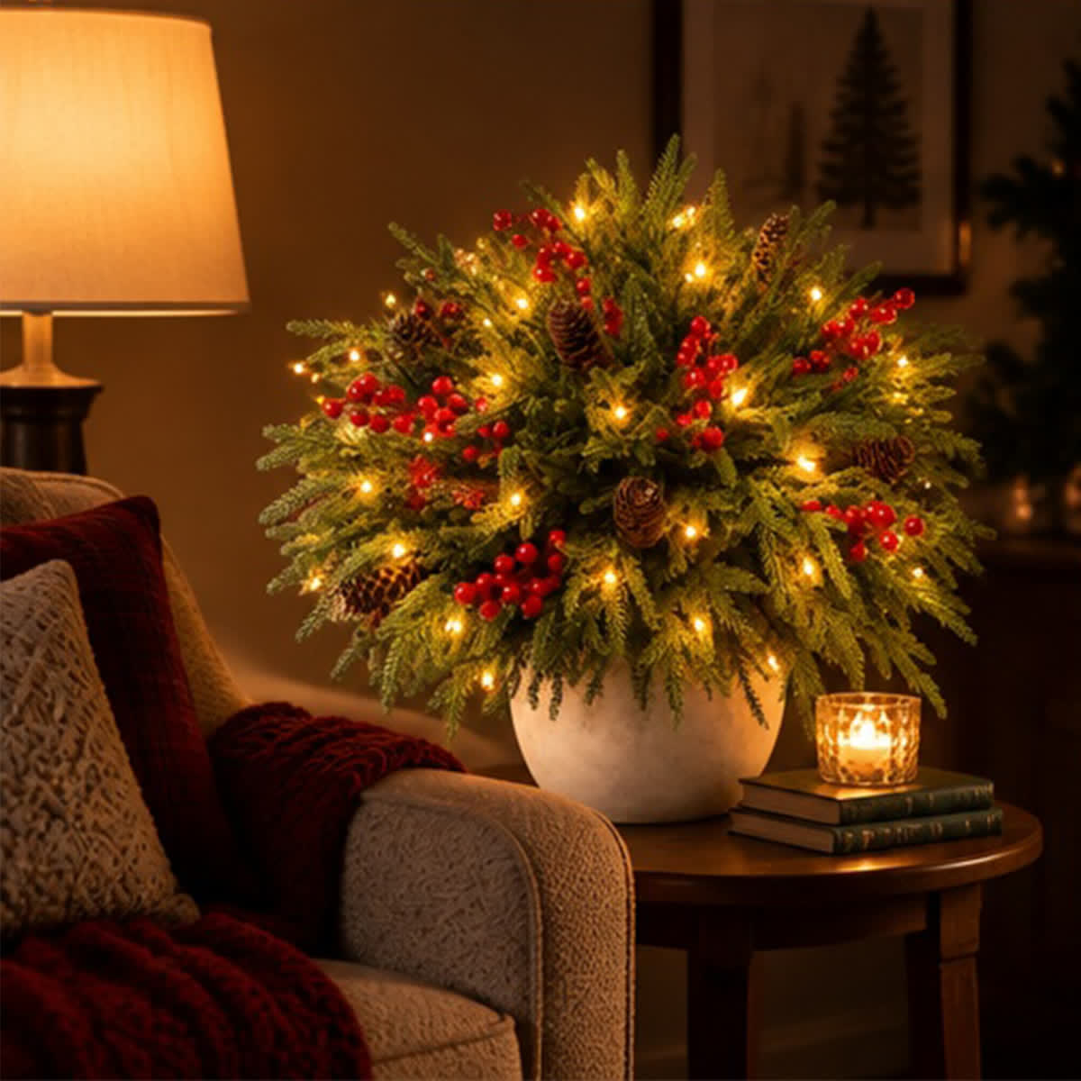 Christmas Red Berry Pinecone & Fir Bouquet - DIY Artificial Flowers Decor With LED Light String - image 1