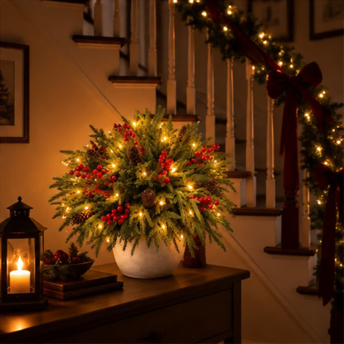 Christmas Red Berry Pinecone & Fir Bouquet - DIY Artificial Flowers Decor With LED Light String - image 2