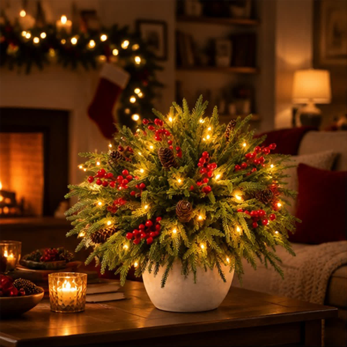 Christmas Red Berry Pinecone & Fir Bouquet - DIY Artificial Flowers Decor With LED Light String - image 4