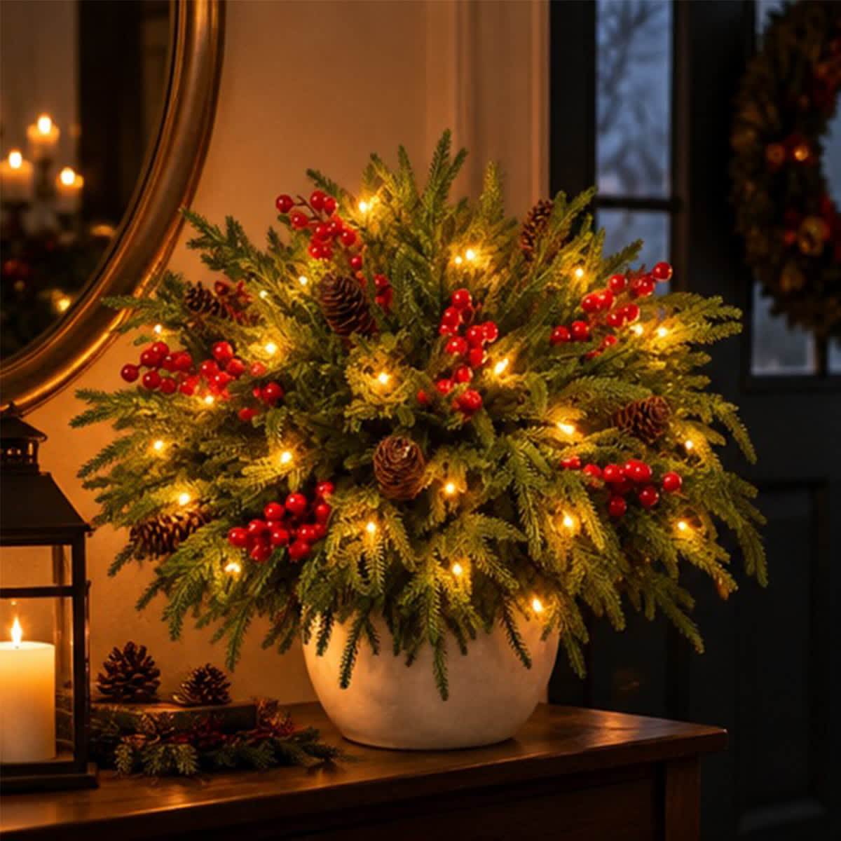 Christmas Red Berry Pinecone & Fir Bouquet - DIY Artificial Flowers Decor With LED Light String - image 3