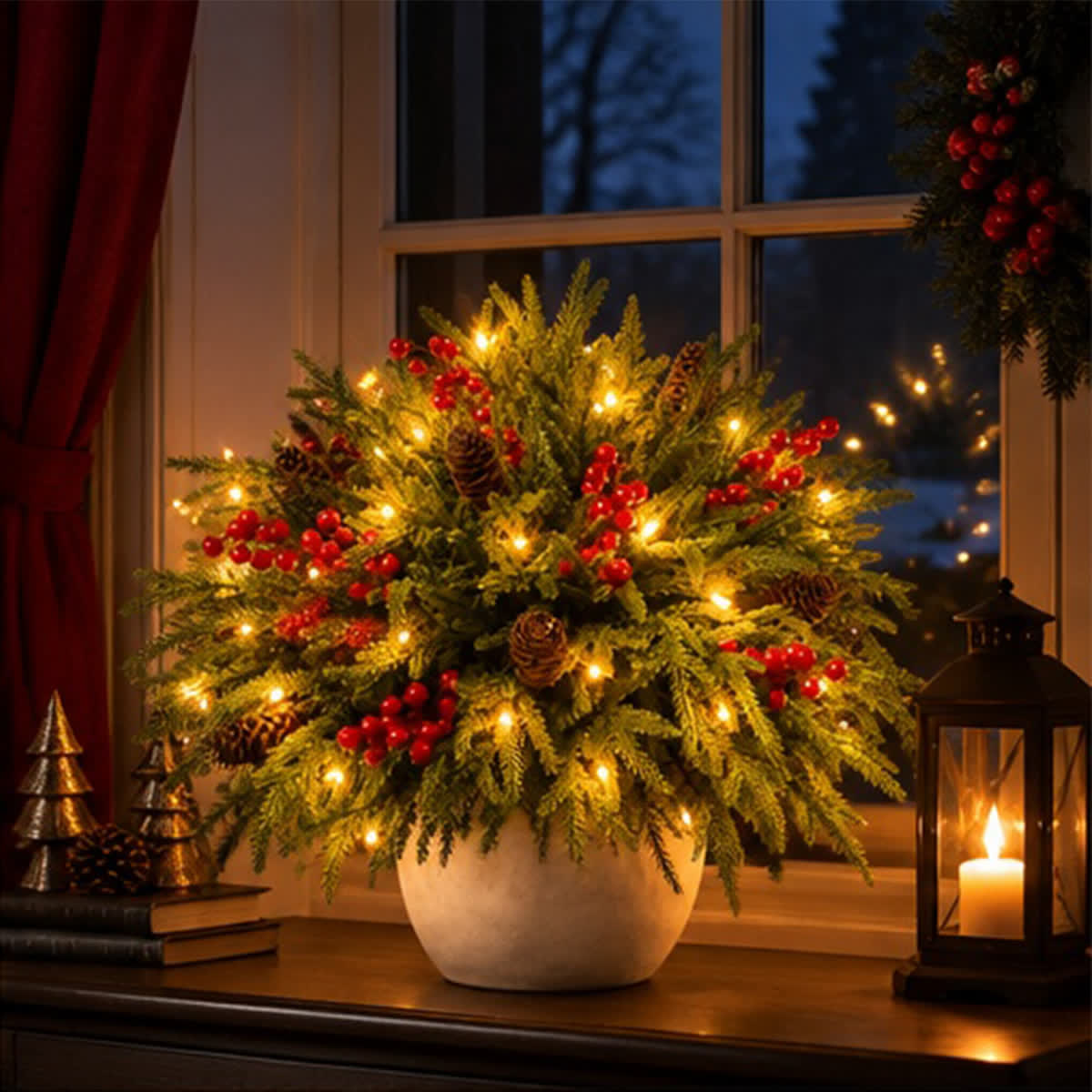 Christmas Red Berry Pinecone & Fir Bouquet - DIY Artificial Flowers Decor With LED Light String - image 5
