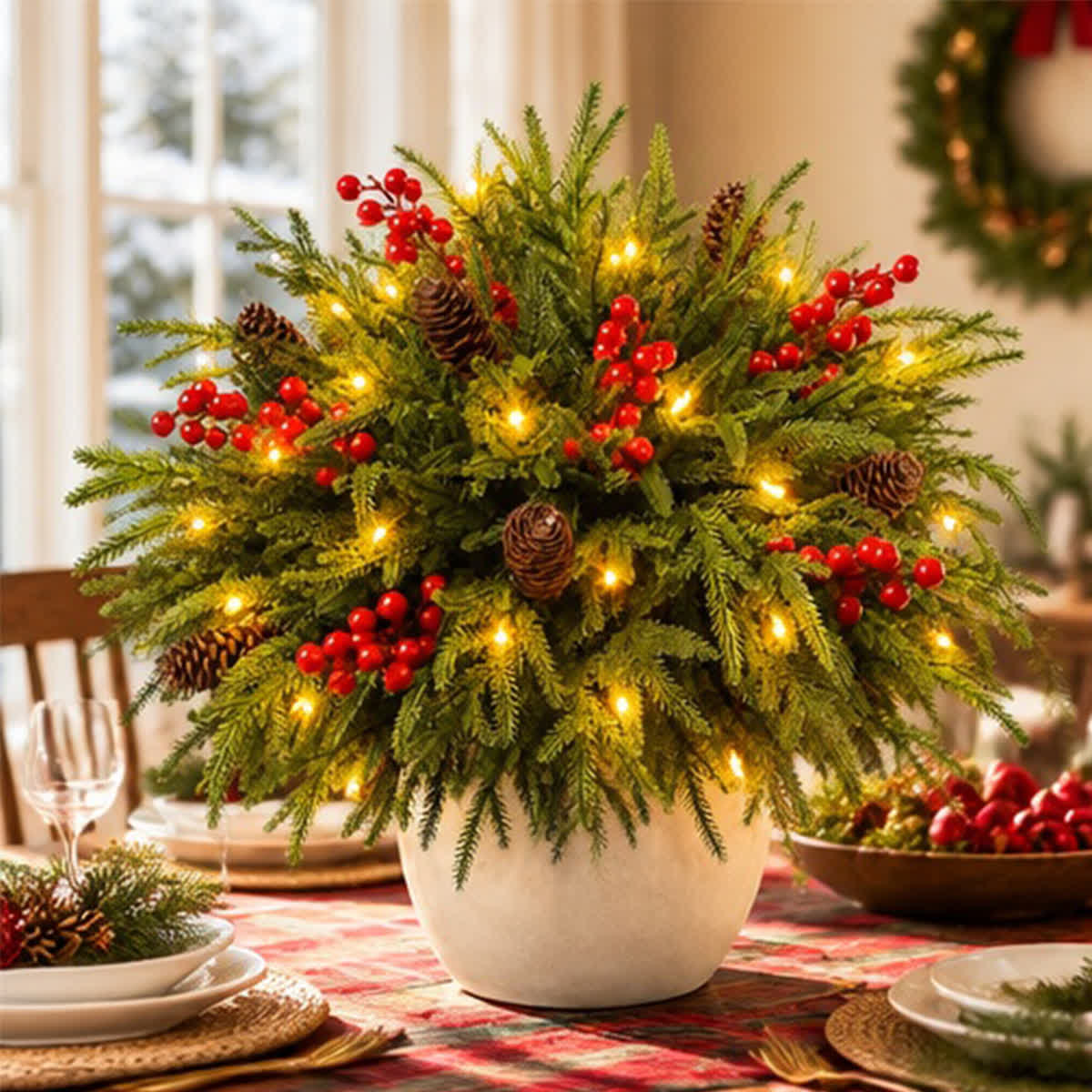 Christmas Red Berry Pinecone & Fir Bouquet - DIY Artificial Flowers Decor With LED Light String - 2 Pack - image 0