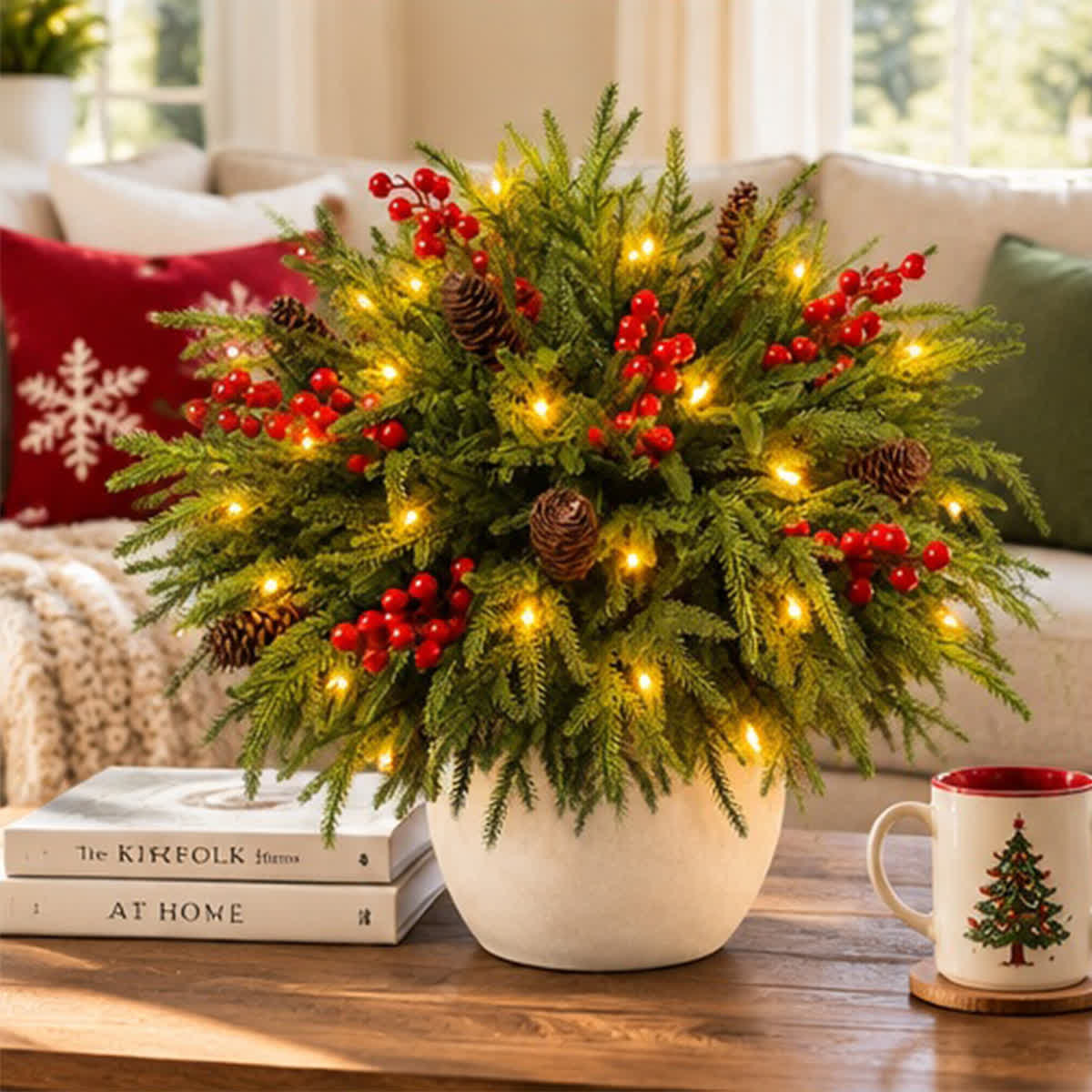 Christmas Red Berry Pinecone & Fir Bouquet - DIY Artificial Flowers Decor With LED Light String - image 6