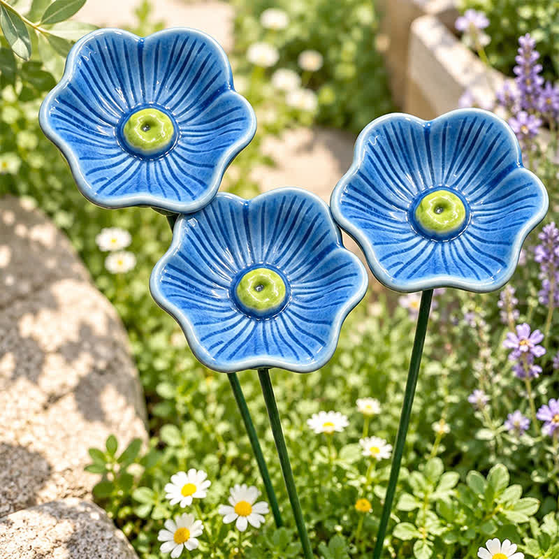 Decorative Poppy Flower Garden Station - Handmade Ceramic Flower Decor - Dark Blue - image 6