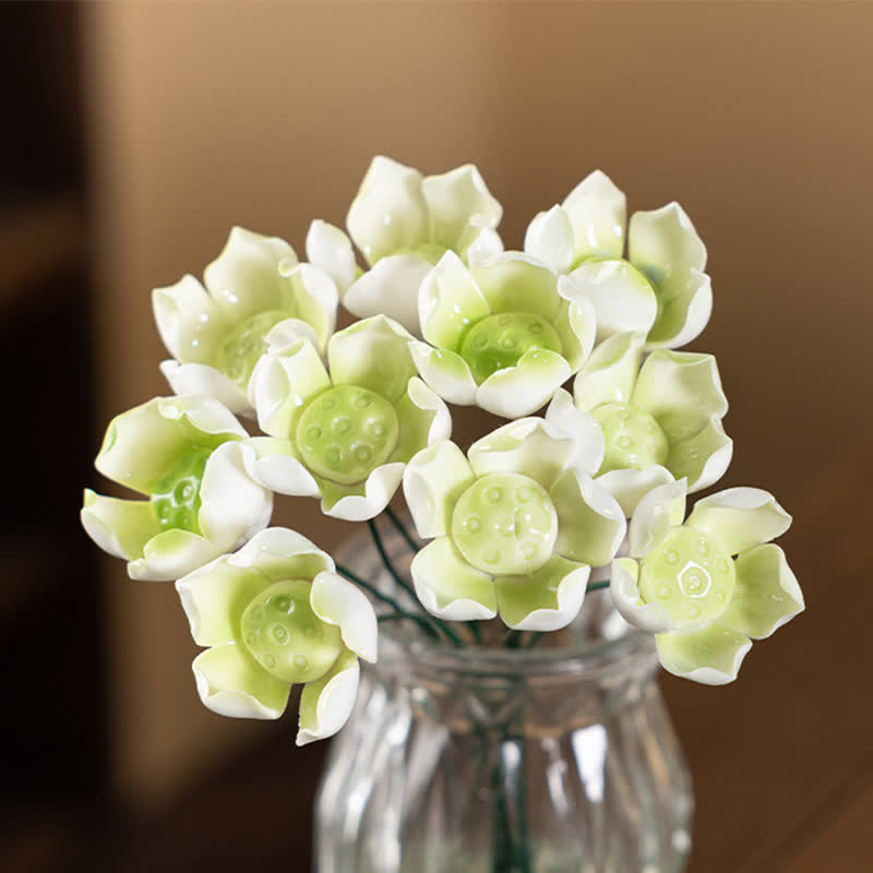 Artificial Flowers Cute Desk Buddy - Handmade Mini Ceramic Flower Decor - Green Lotus - image 14