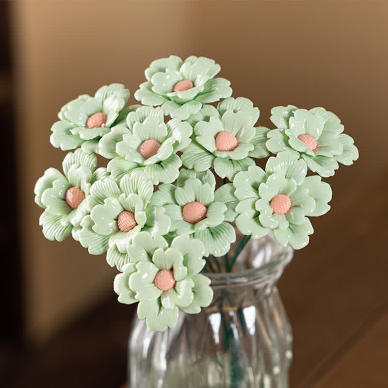 Artificial Flowers Cute Desk Buddy - Handmade Mini Ceramic Flower Decor - Green Cosmos - image 16