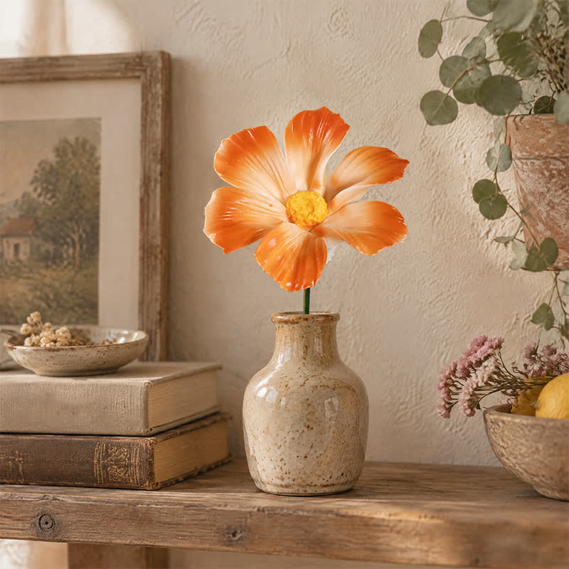 Good Fortune Gesang Flower Desktop Sculpture - Handmade Mini Ceramic Flower Decor - Orange - image 6