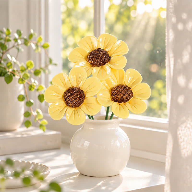Cute Sunshine Sunflower Garden Sculpture - Handmade Desktop Ceramic Flowers Decor - Light Yellow - Large - image 4