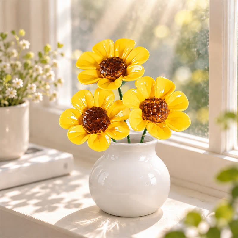 Cute Sunshine Sunflower Garden Sculpture - Handmade Desktop Ceramic Flowers Decor - Yellow - Small - image 2