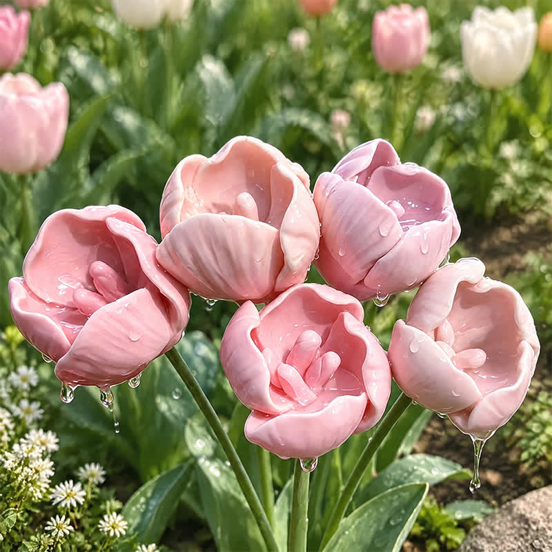 Cute Tulip Bee Bath Flower Pollinator Sculpture - Handmade Ceramic Flower Decor - Light Pink - image 4