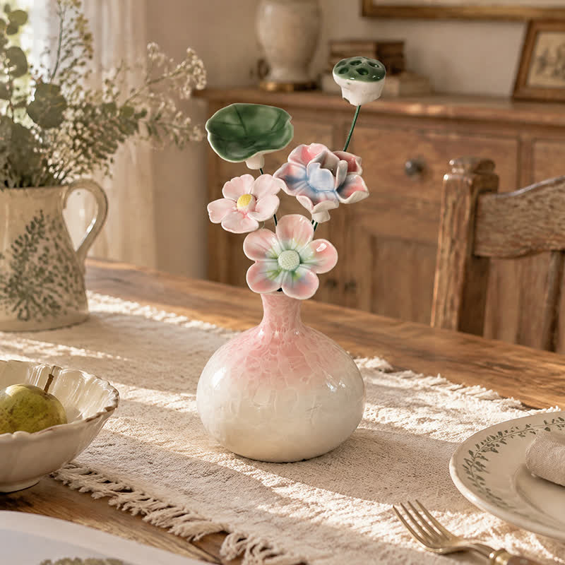 Mini Ceramic Flower Arrangement With Vase - Handmade Calla Lily & Cosmos Bouquet Decor - 3 Random Flowers + 1 Lotus Seedpod + 1 Lotus Leaf + Pink Vase - image 1