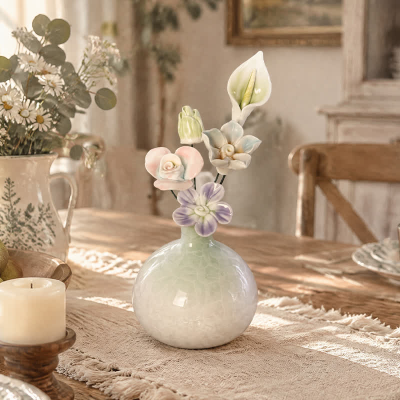 Mini Ceramic Flower Arrangement With Vase - Handmade Calla Lily & Cosmos Bouquet Decor - 3 Random Flowers + 1 Lily + 1 Bud + Green Vase - image 0