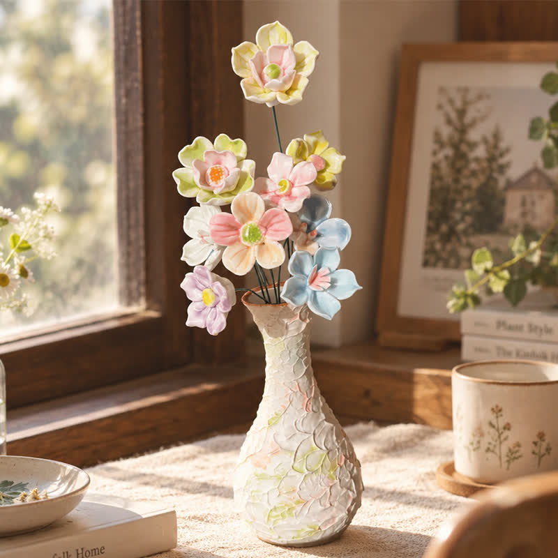 Ice Cream Round Vase With Random Flowers - Handmade Ceramic Flower Vase Set Decor - 11 Random Flowers + Vase - image 1