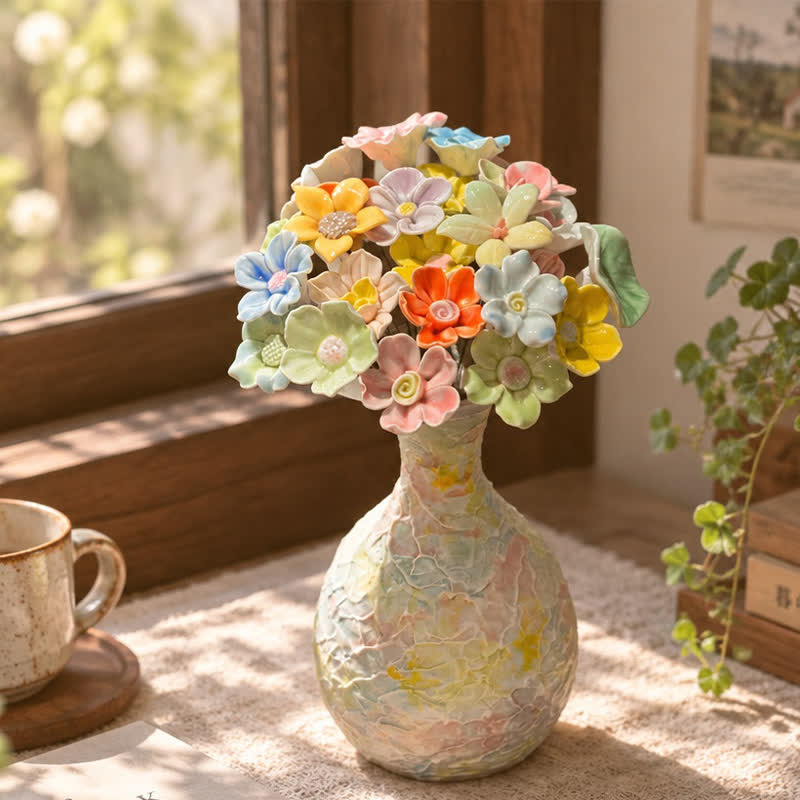 Ice Cream Round Vase With Random Flowers - Handmade Ceramic Flower Vase Set Decor - 33 Random Flowers + Vase - image 2