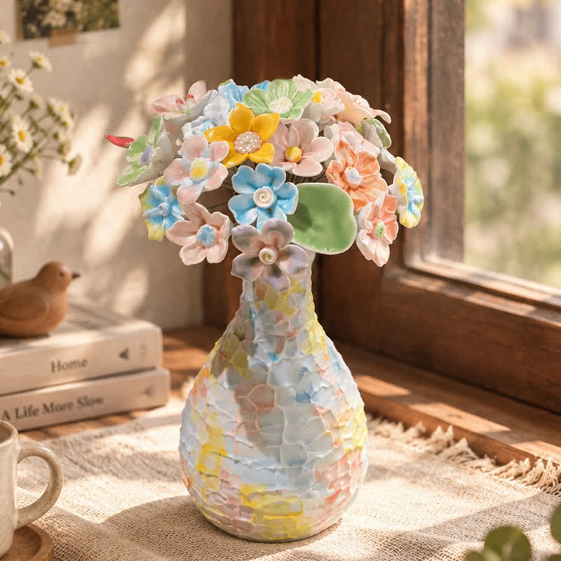 Ice Cream Round Vase With Random Flowers - Handmade Ceramic Flower Vase Set Decor - 21 Random Flowers + Vase - image 0