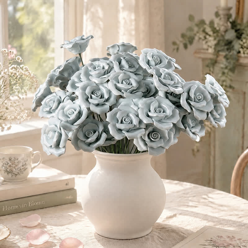 Mini Artificial Rose Flower For Office Desk - Handmade Ceramic Artificial Flower Decor - Light Blue - image 8