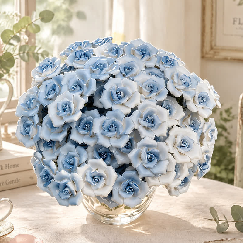 Mini Artificial Rose Flower For Office Desk - Handmade Ceramic Artificial Flower Decor - Blue & White - image 1