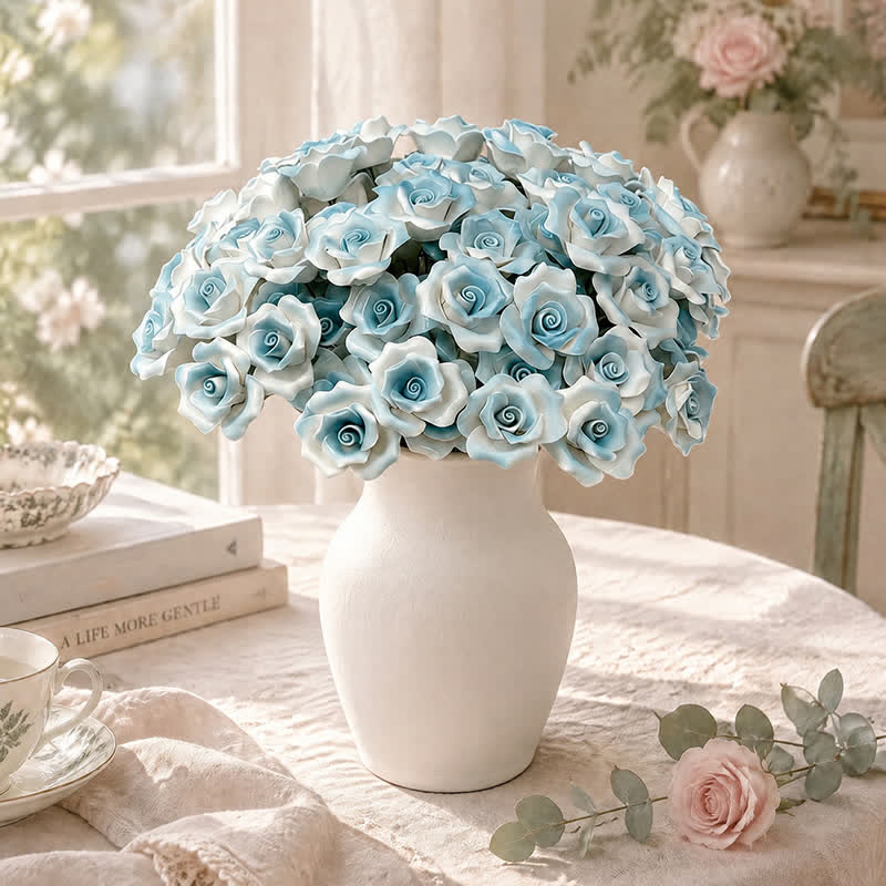 Mini Artificial Rose Flower For Office Desk - Handmade Ceramic Artificial Flower Decor - Gradient Light Blue - image 12