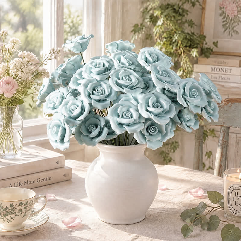 Mini Artificial Rose Flower For Office Desk - Handmade Ceramic Artificial Flower Decor - Pale Blue - image 13