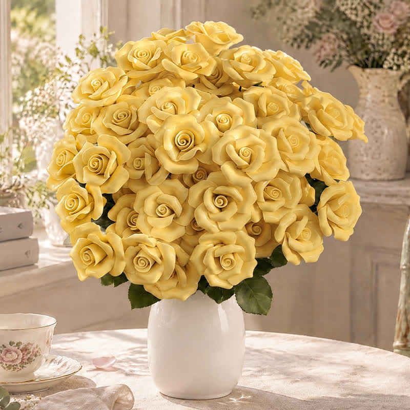 Mini Artificial Rose Flower For Office Desk - Handmade Ceramic Artificial Flower Decor - Yellow - image 4