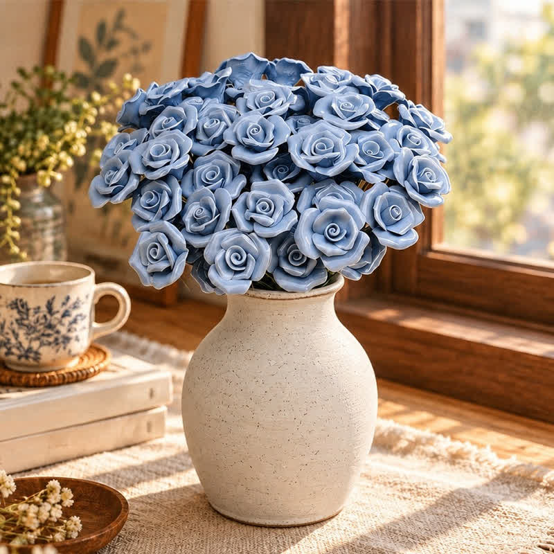 Mini Artificial Rose Flower For Office Desk - Handmade Ceramic Artificial Flower Decor - Blue - image 6