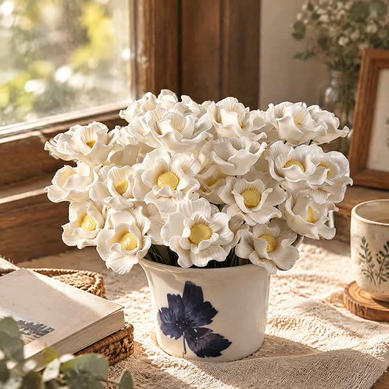 Mini Artificial Rose Flower For Office Desk - Handmade Ceramic Artificial Flower Decor - White & Yellow - image 14