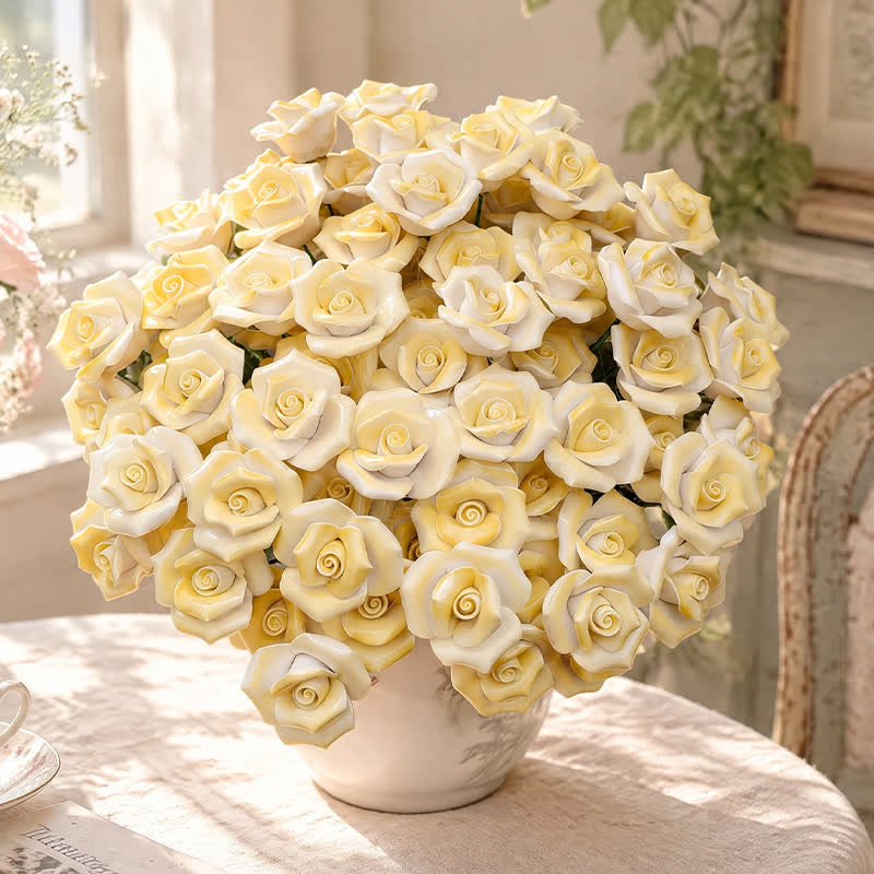 Mini Artificial Rose Flower For Office Desk - Handmade Ceramic Artificial Flower Decor - Yellow & White - image 11
