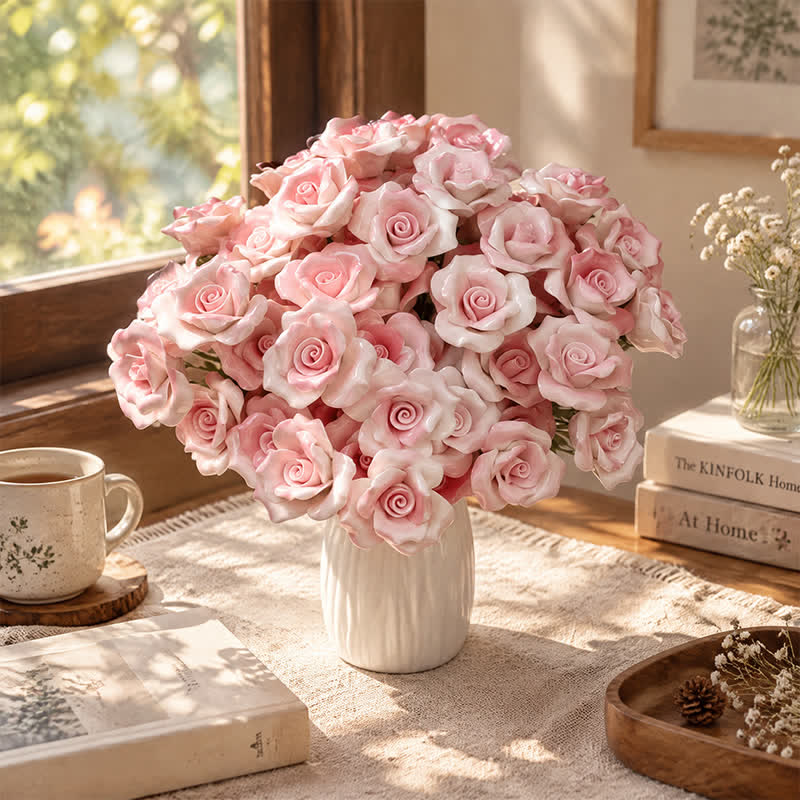 Mini Artificial Rose Flower For Office Desk - Handmade Ceramic Artificial Flower Decor - Pink & White - image 0