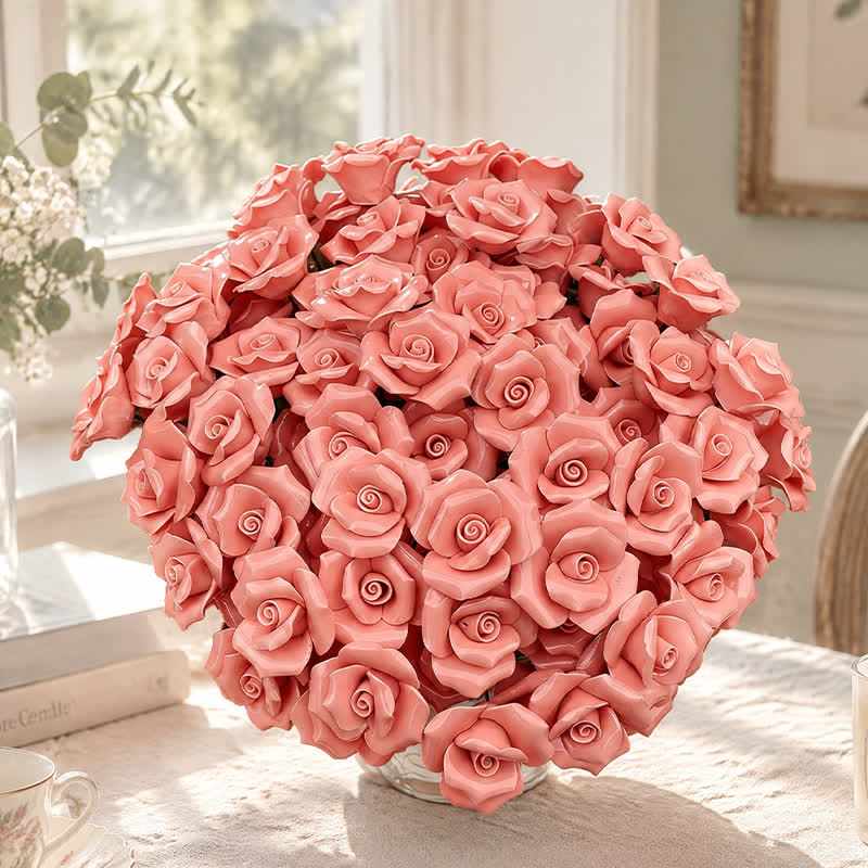 Mini Artificial Rose Flower For Office Desk - Handmade Ceramic Artificial Flower Decor - Red - image 2