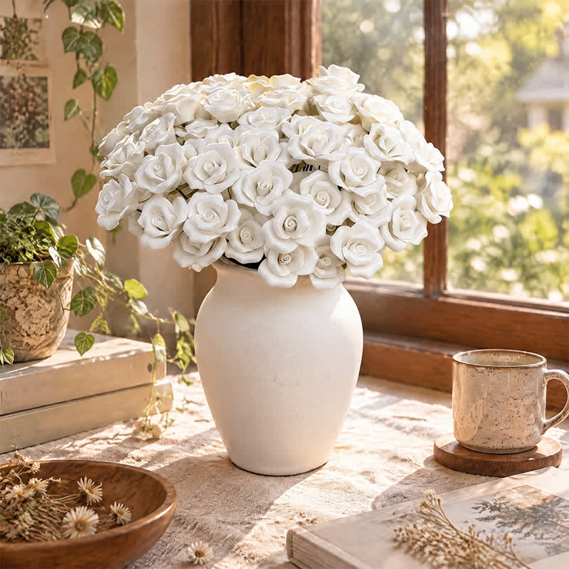Mini Artificial Rose Flower For Office Desk - Handmade Ceramic Artificial Flower Decor - White - image 5