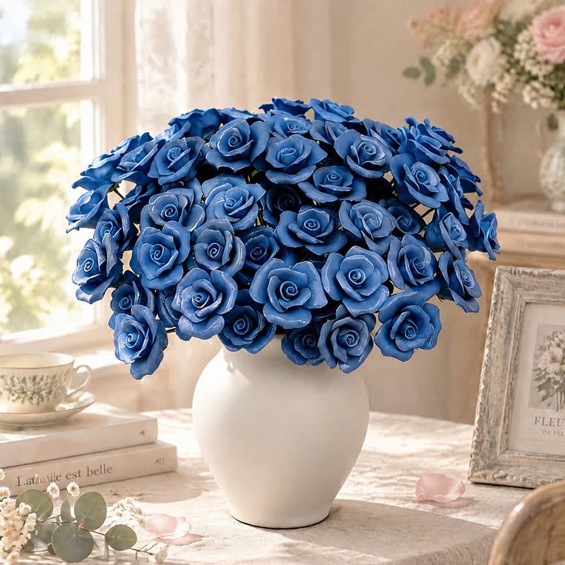 Mini Artificial Rose Flower For Office Desk - Handmade Ceramic Artificial Flower Decor - Dark Blue - image 7