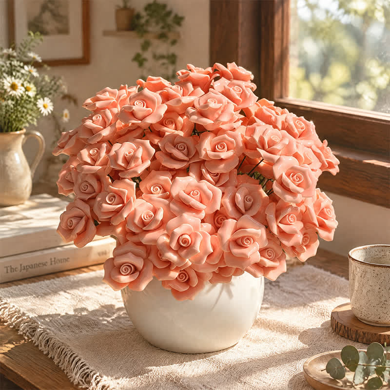 Mini Artificial Rose Flower For Office Desk - Handmade Ceramic Artificial Flower Decor - Orange - image 21