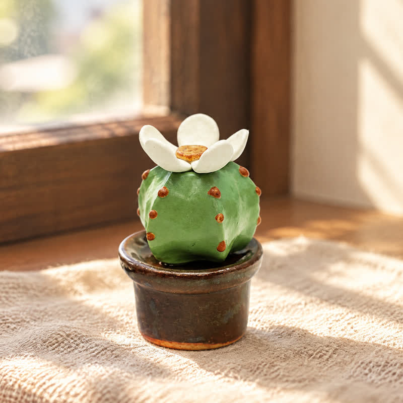 Cute Cactus With Flower In Pot - Handmade Mini Ceramic Cactus Figurine Decor - Style #27 - image 26