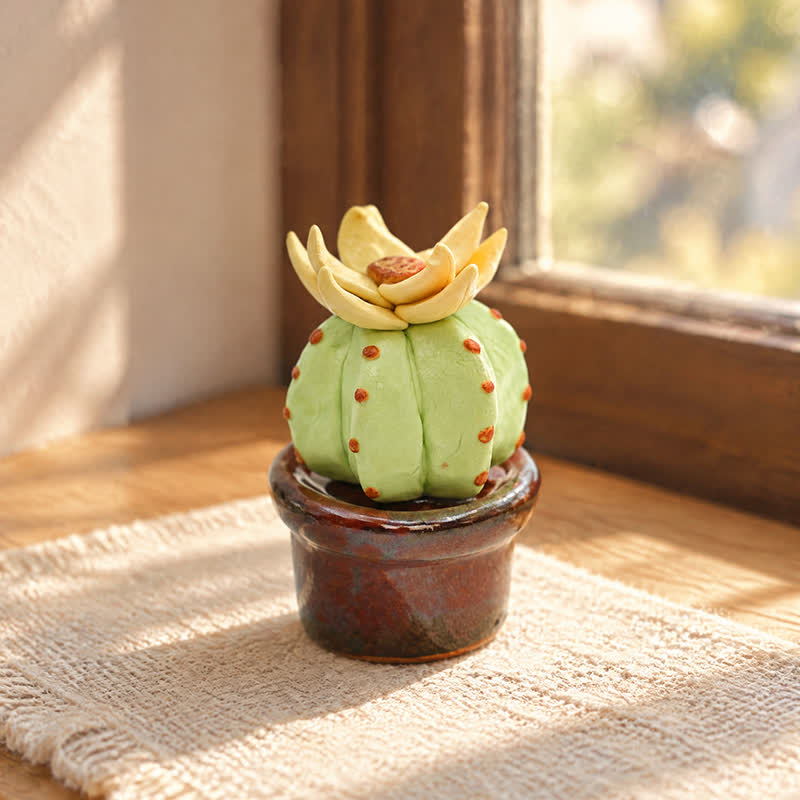 Cute Cactus With Flower In Pot - Handmade Mini Ceramic Cactus Figurine Decor - Style #15 - image 14