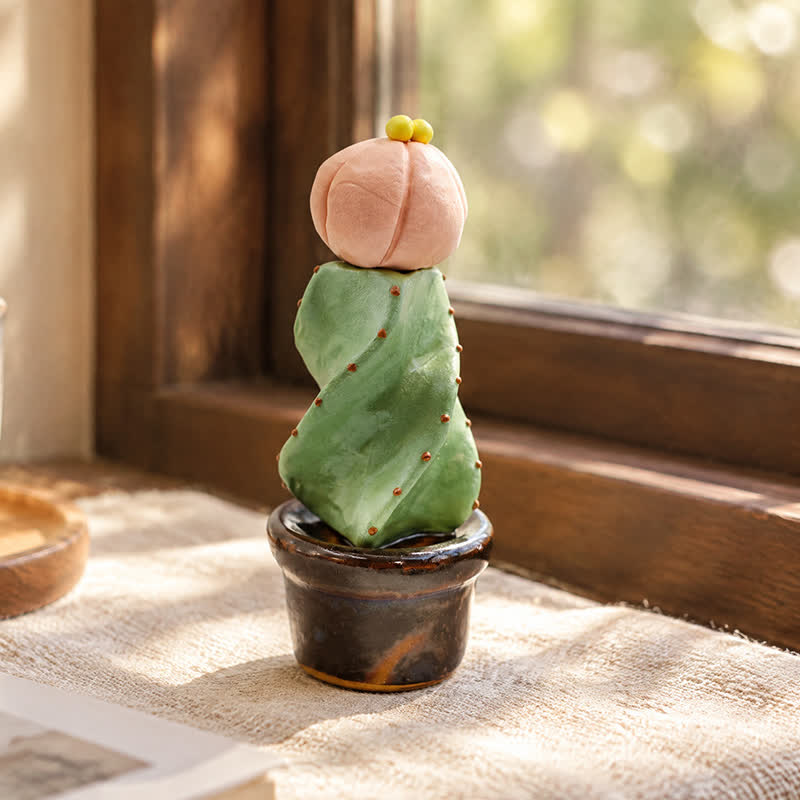 Cute Cactus With Flower In Pot - Handmade Mini Ceramic Cactus Figurine Decor - Style #37 - image 36
