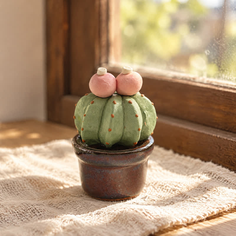 Cute Cactus With Flower In Pot - Handmade Mini Ceramic Cactus Figurine Decor - Style #26 - image 25