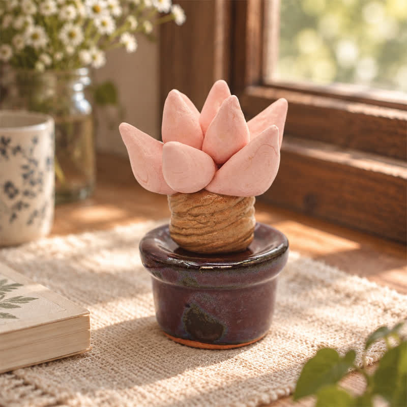 Cute Cactus With Flower In Pot - Handmade Mini Ceramic Cactus Figurine Decor - Style #9 - image 8