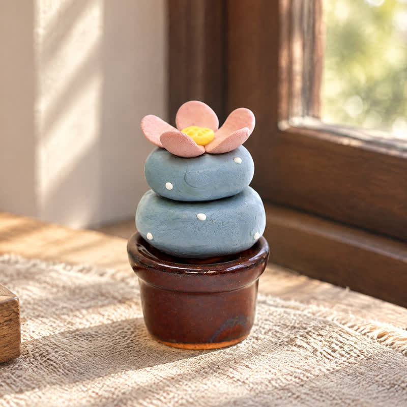 Cute Cactus With Flower In Pot - Handmade Mini Ceramic Cactus Figurine Decor - Style #4 - image 3