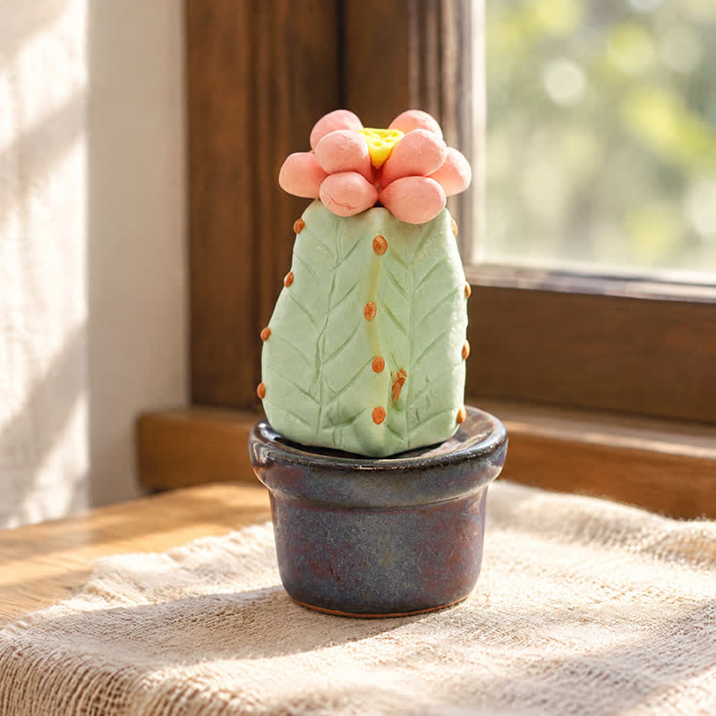 Cute Cactus With Flower In Pot - Handmade Mini Ceramic Cactus Figurine Decor - Style #25 - image 24