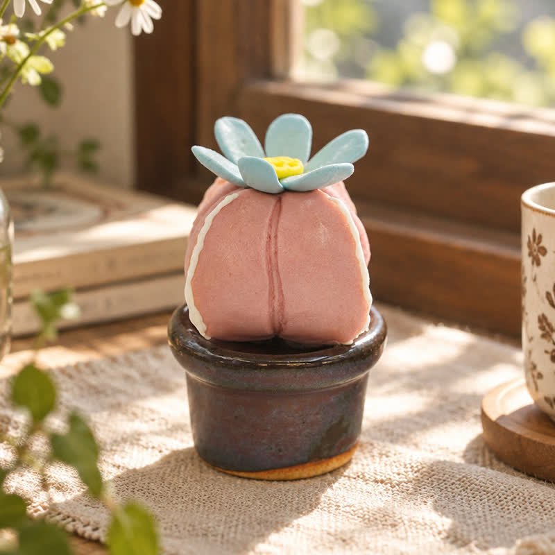 Cute Cactus With Flower In Pot - Handmade Mini Ceramic Cactus Figurine Decor - Style #10 - image 9