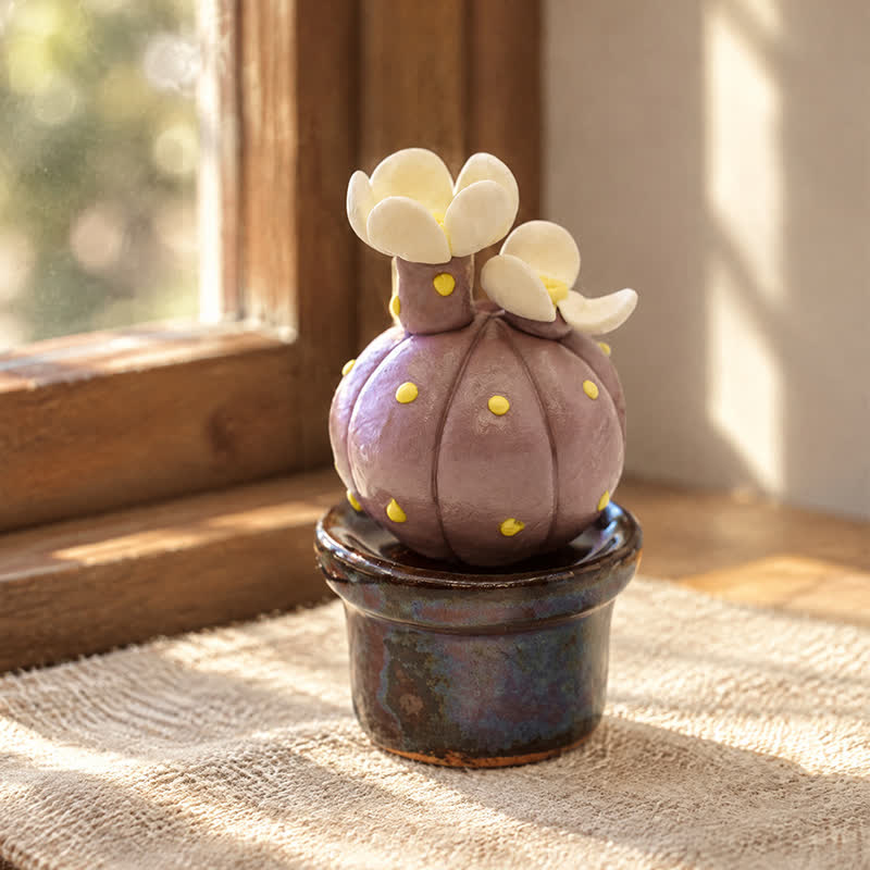 Cute Cactus With Flower In Pot - Handmade Mini Ceramic Cactus Figurine Decor - Style #5 - image 4