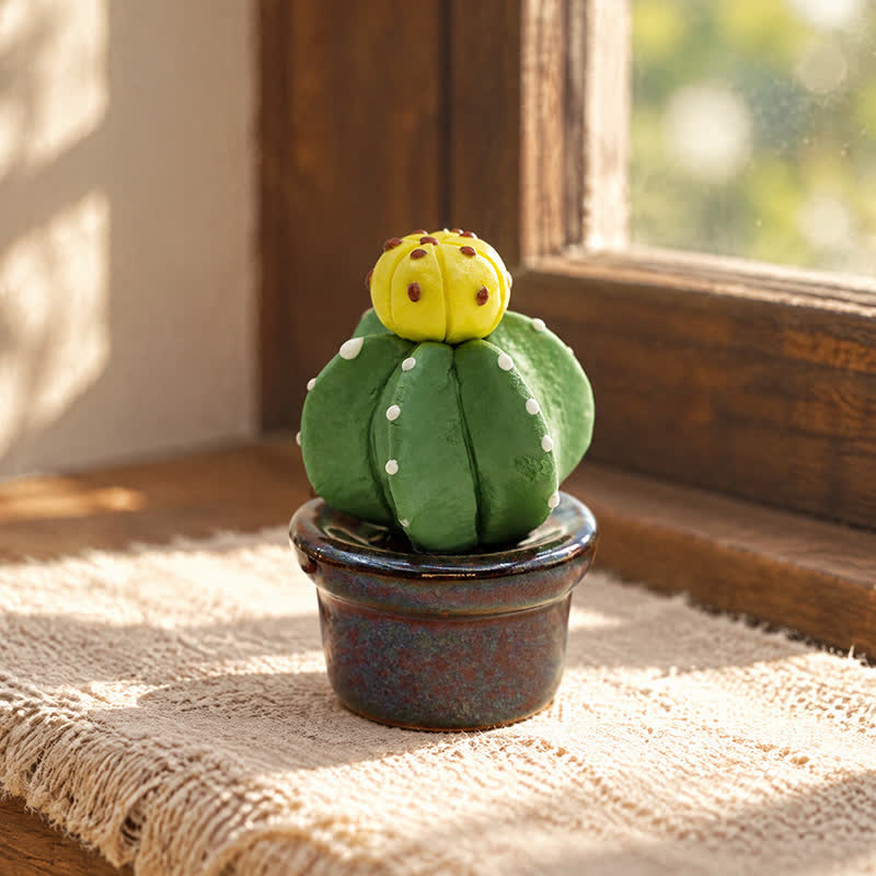 Cute Cactus With Flower In Pot - Handmade Mini Ceramic Cactus Figurine Decor - Style #29 - image 28