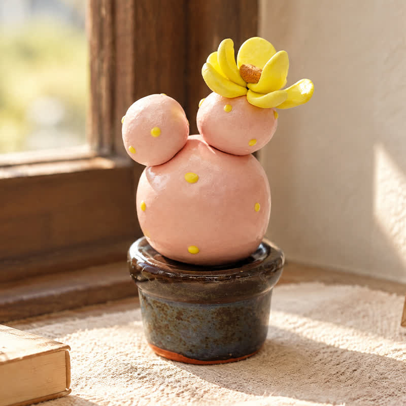 Cute Cactus With Flower In Pot - Handmade Mini Ceramic Cactus Figurine Decor - Style #13 - image 12
