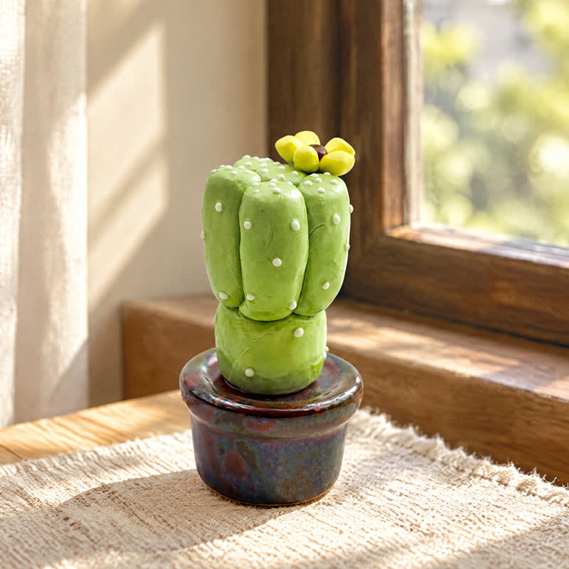 Cute Cactus With Flower In Pot - Handmade Mini Ceramic Cactus Figurine Decor - Style #33 - image 32