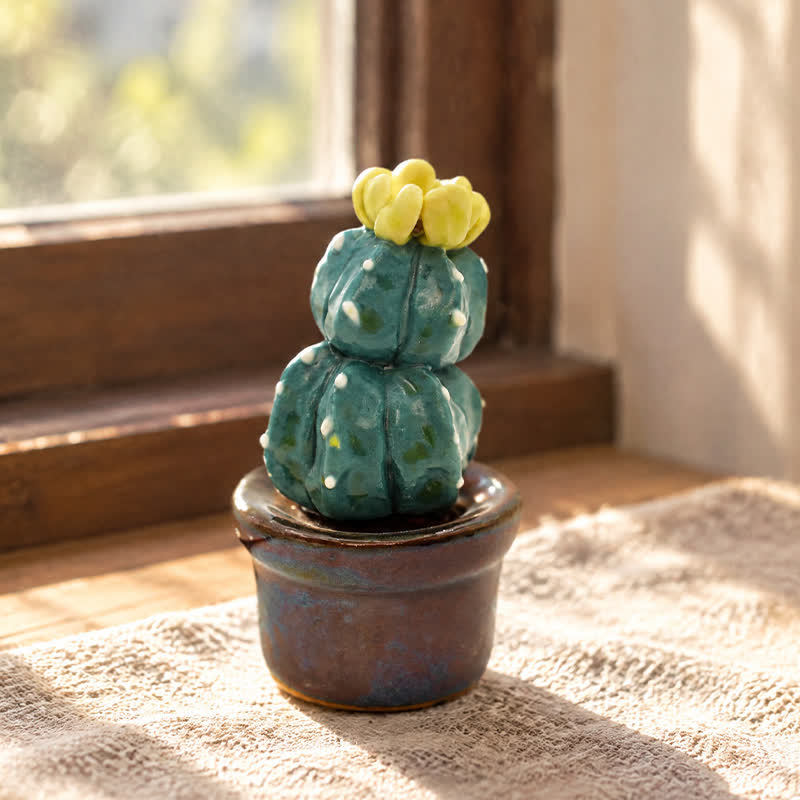 Cute Cactus With Flower In Pot - Handmade Mini Ceramic Cactus Figurine Decor - Style #6 - image 5