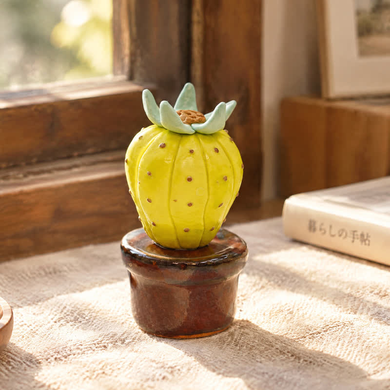 Cute Cactus With Flower In Pot - Handmade Mini Ceramic Cactus Figurine Decor - Style #2 - image 1