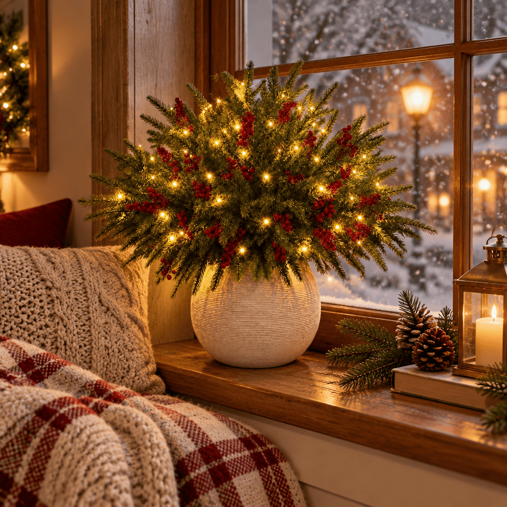 Lighted Red Berry Pine Centerpiece - DIY Christmas Tabletop Decor With LED Light String - image 2