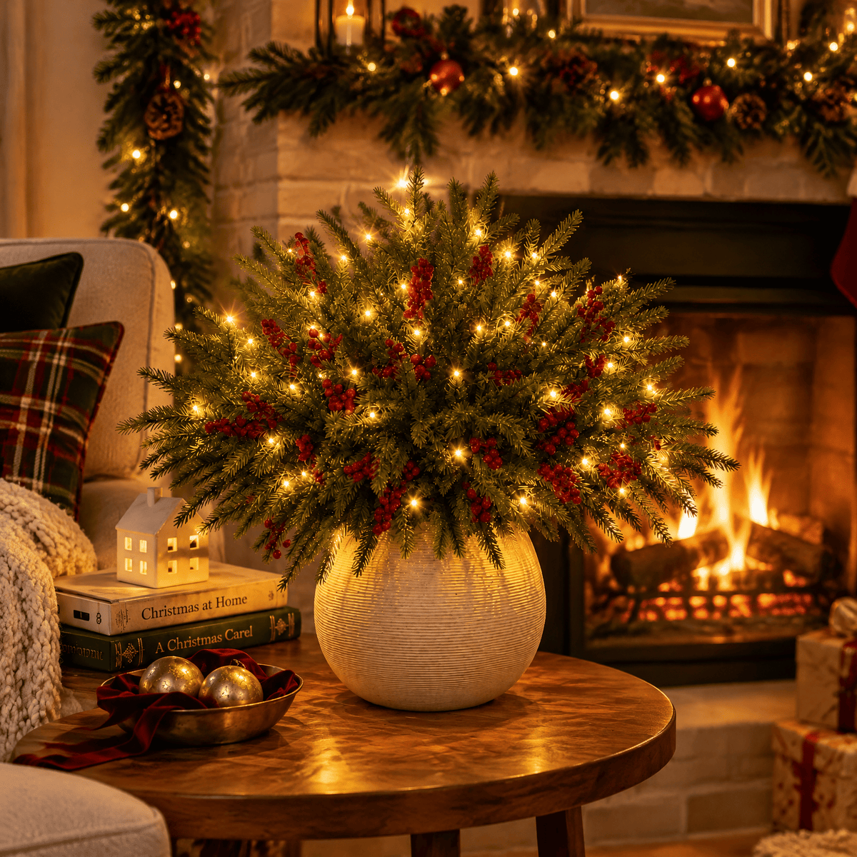 Lighted Red Berry Pine Centerpiece - DIY Christmas Tabletop Decor With LED Light String - image 3